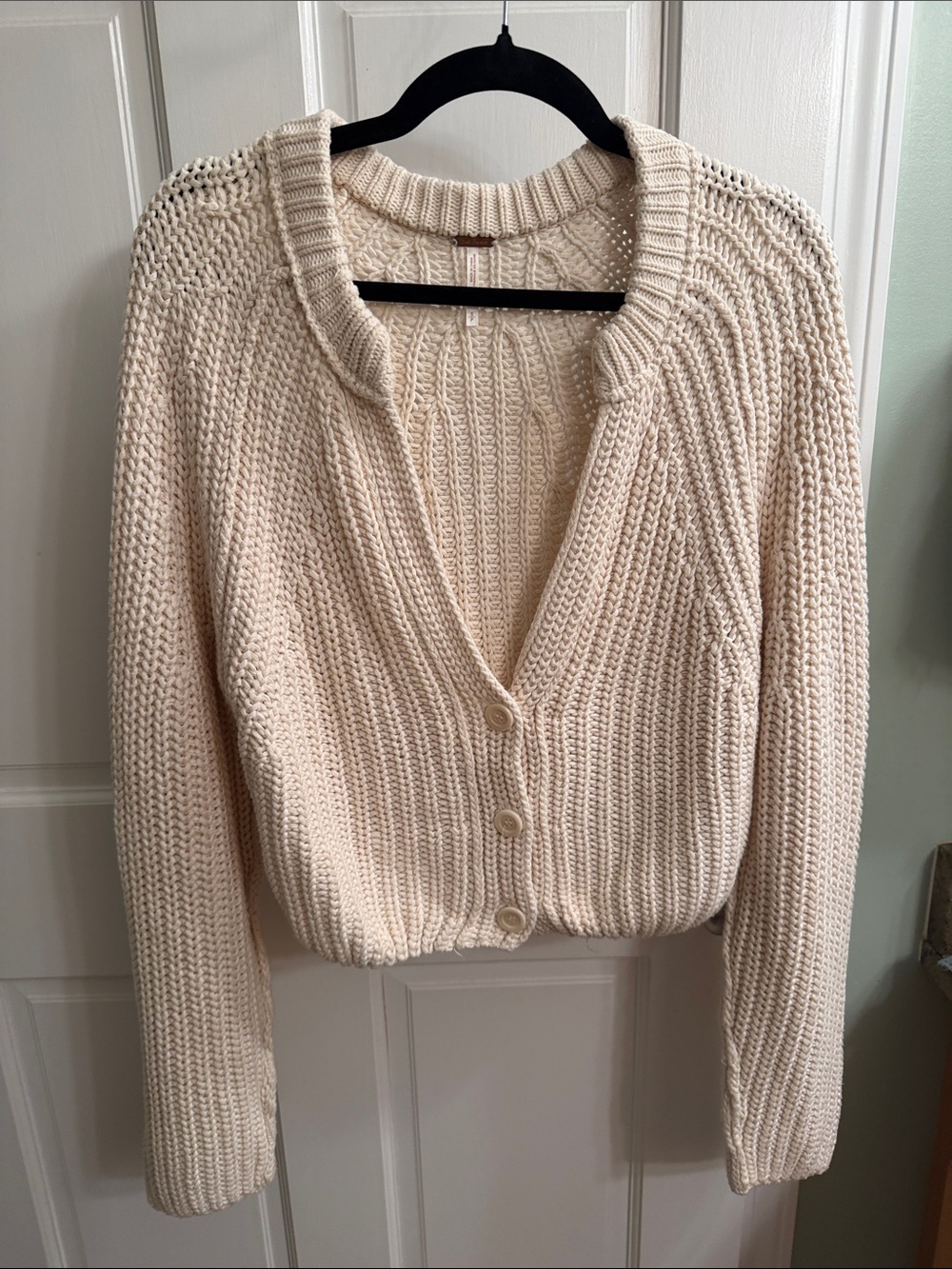 Free People Cream Chunky Ribbed Button Cardigan